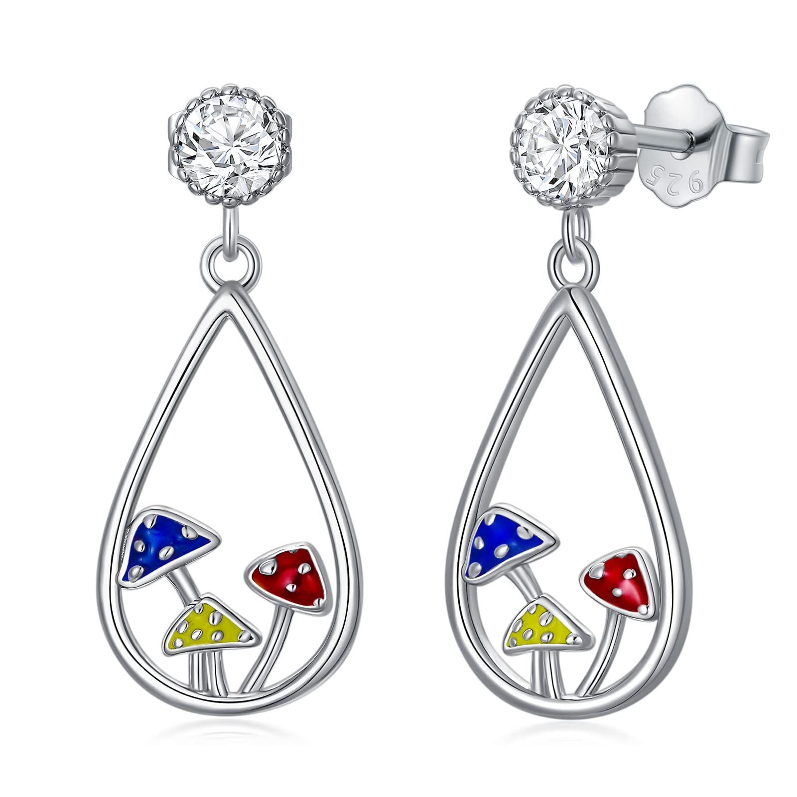 Mushroom Earrings with Cubic Zirconia Mushroom Dangle Drop Charm 925 Sterling Silver Stud Earrings Jewellery Gifts for Women Girls