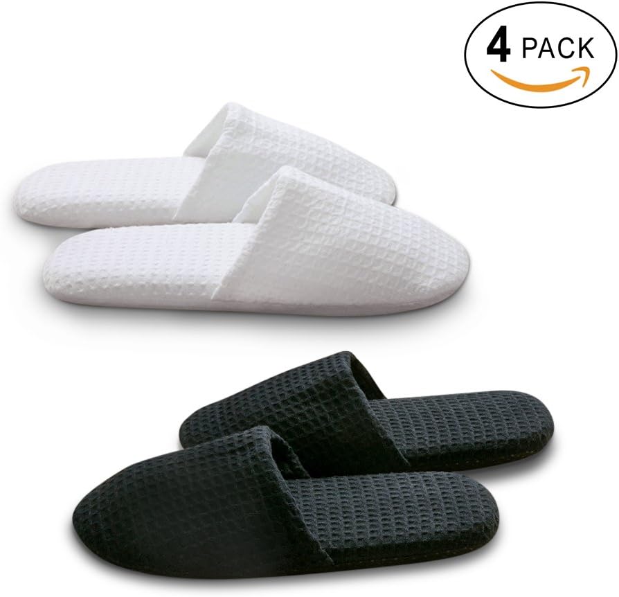 STRS Waffle Closed Toe Spa Hotel Slippers - One Size, Cotton / Non-Slip EVA (Pack of 4, 2 White / 2 Black)
