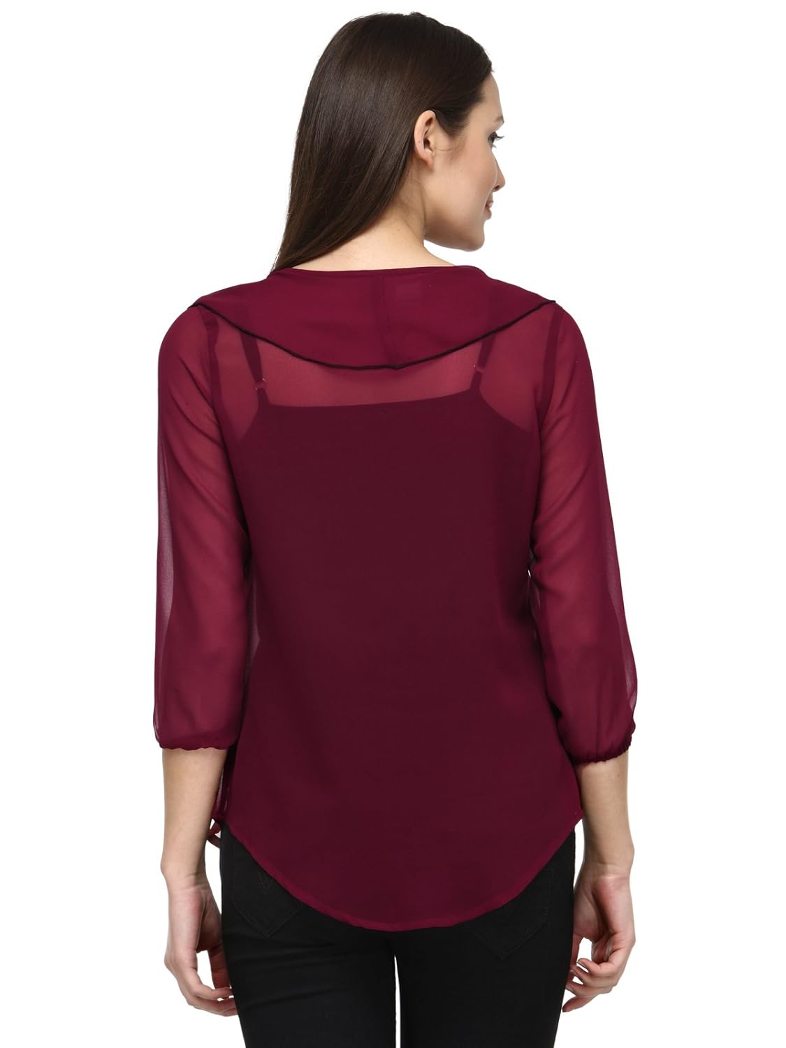 tunic nation women's wine 100% poly georgette frill top