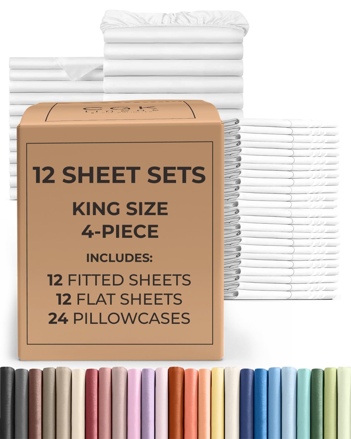 Photo 1 of Bulk Case Pack of 12 Sheet Sets - (12) Complete King Size Sheet Sets with Deep Pockets - Wholesale Bulk Bedding for Hotels, Spas & Airbnbs - Breathable, Cooling, Soft & Wrinkle Free - (King, White)