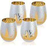 MyGift 14 oz Modern Christmas Brass Tone Stemless Wine Drinking Glasses with Frosted Winter Snow Design, Holiday Themed Glass Drinkware Cups for Xmas Party, Set of 4