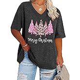 FCHICH Plus Size V Neck Merry Christmas T Shirt Women Cute Xmas Trees Graphic Tee Casual Loose Fit Holiday Tops Blouse