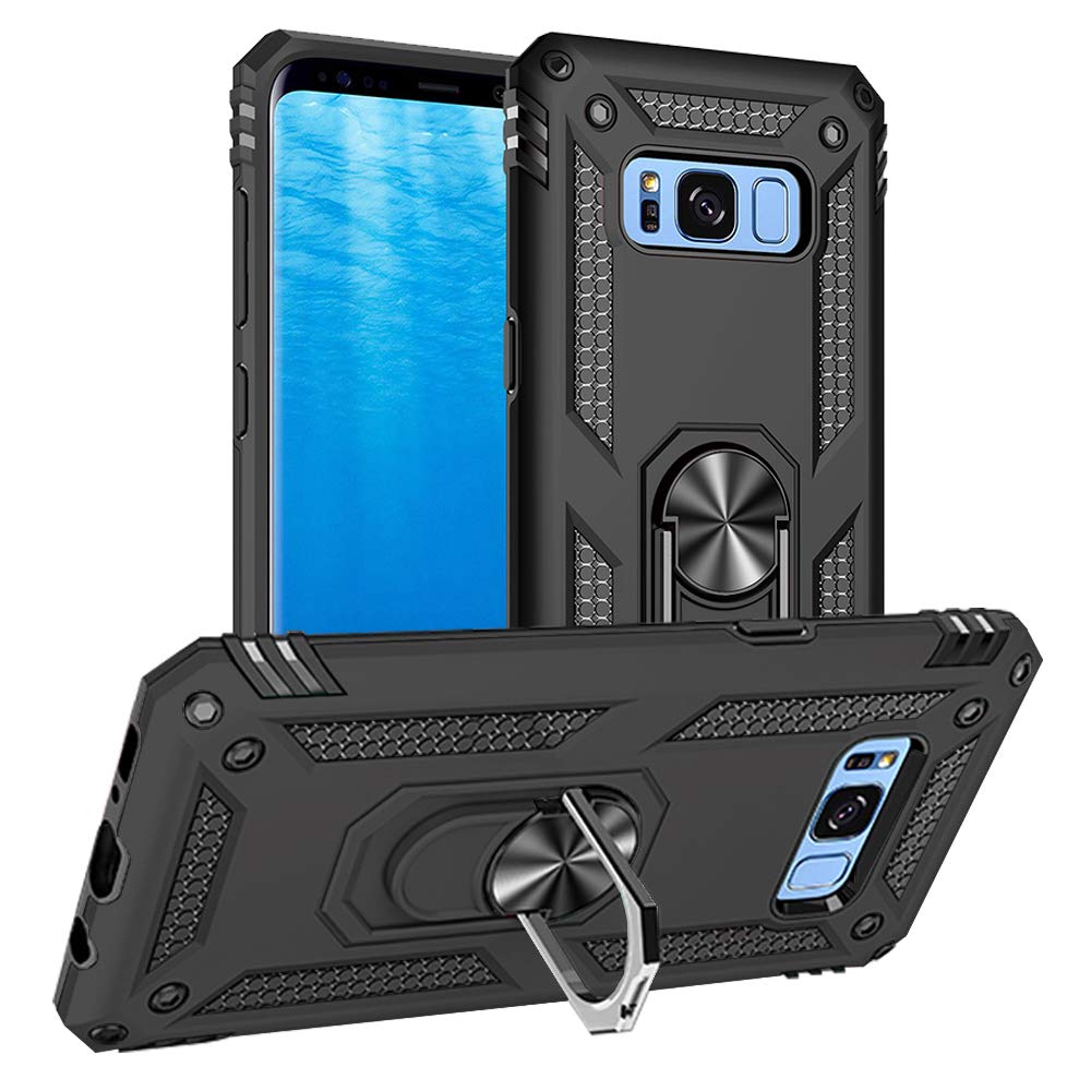 Yiakeng Samsung S8 Phone Case, S8 Phone Case, Silicone Shockproof Military Grade Protective Phone Cover with Ring Kickstand for Samsung S8 Case (Black) โ image 1