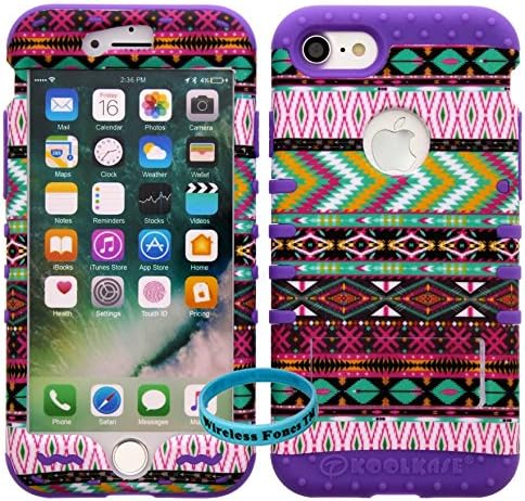 iPhone 7 Case, Hybrid Tough Armor Shockproof Impact Kickstand Cover New Tribal Aztec Over Skin for iphone 7 - Wireless Fones TM Wristband Included. (New Tribal Aztec/purple)