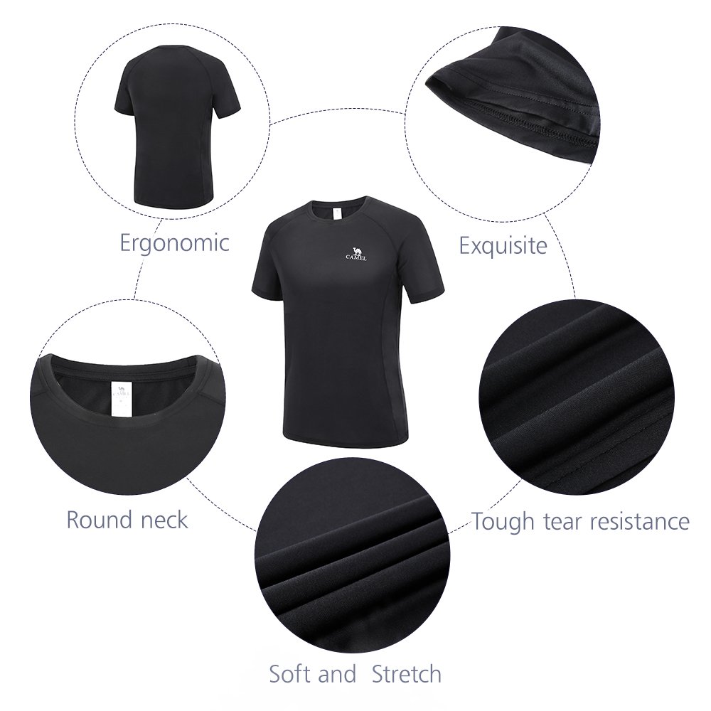 Camel Short Sleeve Shirts for Men Crew Neck Tees T-Shirt Dress Breathable Quick-Dry Casual for Fishing Golf Gym Athletic Running Workout (XXL Black)