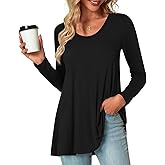 POPYOUNG Women's Long Sleeve Tunic Tops Fall Long Shirts to Wear with Leggings Loose Fit Dressy Crewneck Blouse