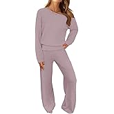MEROKEETY Women's Fall Pajama Set Fuzzy Fleece 2 Piece Loungewear Off Shoulder Sweater Tops Wide Leg Pants Matching Outfits