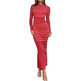 Ekaliy Women's Sexy Mesh Dress Long Sleeve Mock Neck Bodycon Sheer Ruched Maxi Dress Party Cocktail Dresses