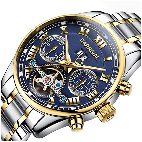 PASOY Carnival Men's Watch Automatic Mechanical Tourbillon Stainless Stell Date Blue Dial Skeleton Watch