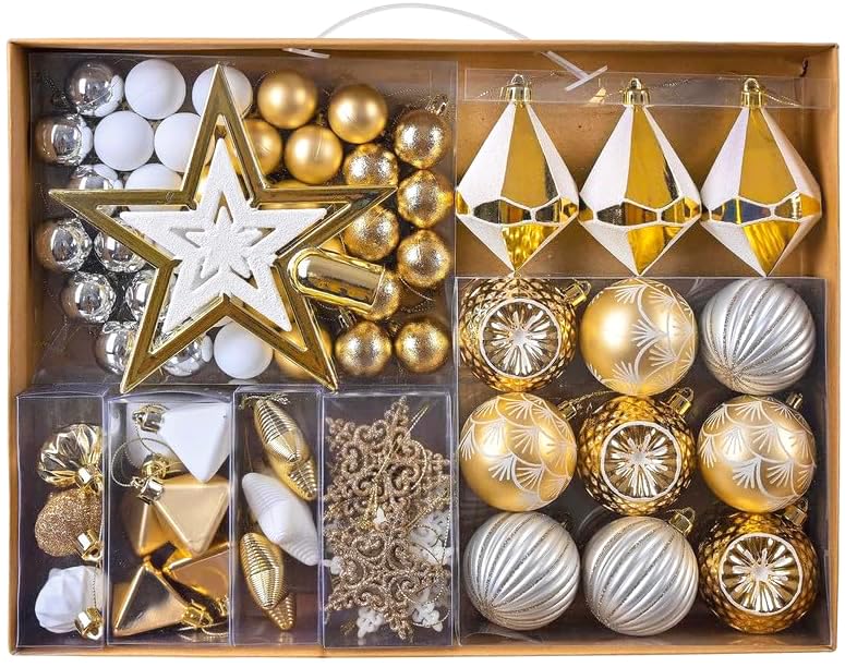Valery Madelyn Christmas Tree Ball Set of 70 White and Gold Christmas Ornaments Tree Decorations with Top Star Fashion Miscellaneous Decoration Scandinavian Luxury (White Gold)