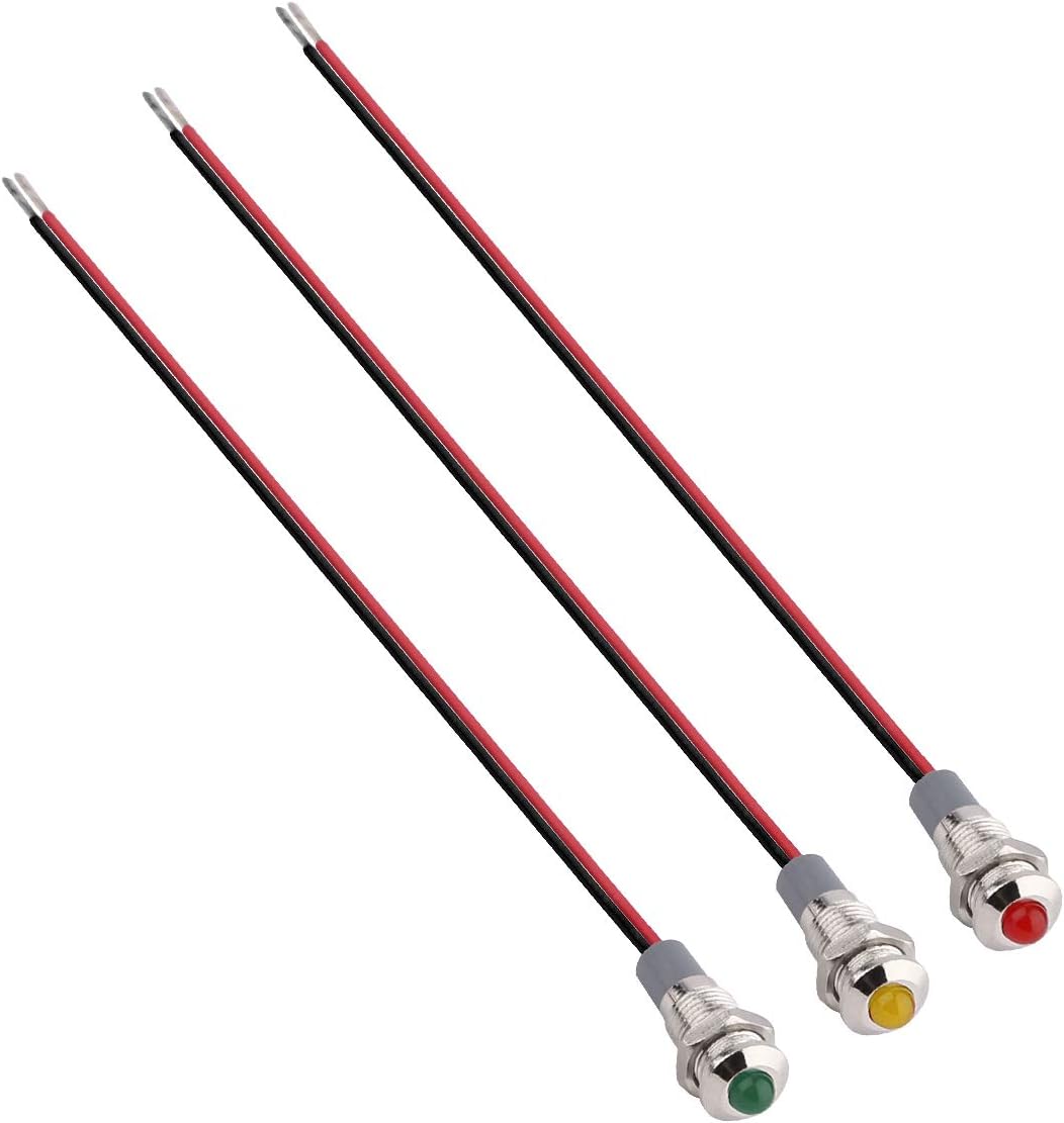 Yeeco 3 PCS LED Metal Indicator Light 12V 8mm 5/16" Indicator Light Waterproof Signal Indicator Pilot Dash Light with Cable for Motorcycle Bicycle - Red Green Yellow