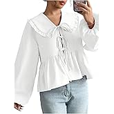 SweatyRocks Women's Tie Front Tops Casual Babydoll Lantern Sleeve Blouses Ruffle Hem Bow Flowy Shirts