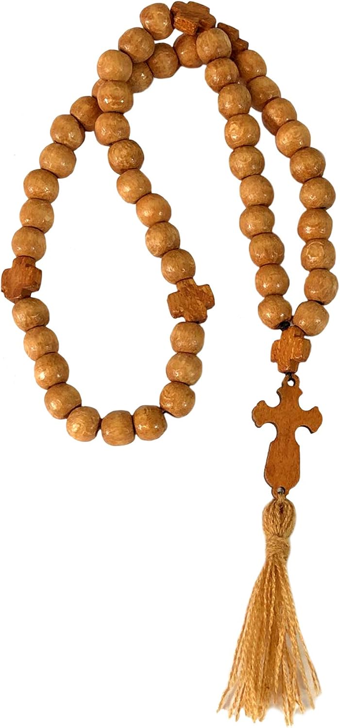 Religious Gifts Wooden Prayer Beads 50 Knots Chotki Hand Held with Byzantine Cross 13 1/2 Inch
