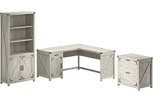 Bush Furniture Knoxville 60W L Shaped Desk with Lateral File Cabinet and 5 Shelf Bookcase in Cottage White, Corner Computer Table and Storage Set for Home Office