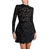 Womens Sexy Long Sleeve Solid Color Lace Crochet Hollow Party Dress Nightclub Dress
