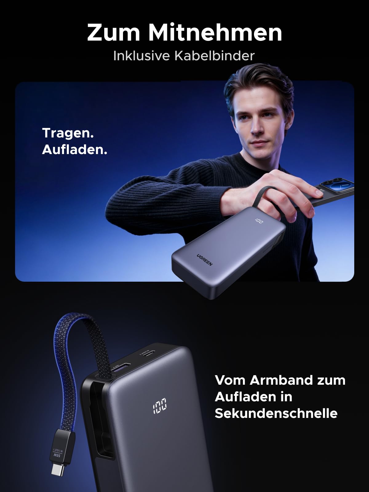 UGREEN Nexode Power Bank 20000mAh 55W mit CCC-Zertifizierung, Mi Turbo Charge für Xiaomi, 45W PD Schnellladung integriertem Kabel, kompatibel mit iPhone 17/16/15, Galaxy S26 Ultra und mehr 8