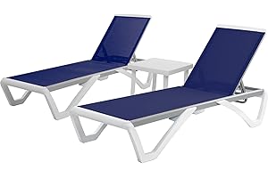 Kozyard Patio Chaise Lounge Chair - Full Flat Alumium & Resin Legs, Outdoor Reclining Adjustable Chair for Sunbathing, Beach, Patio, Lounge Set or Patio Table (2NavyBlue Textilence W/Table)