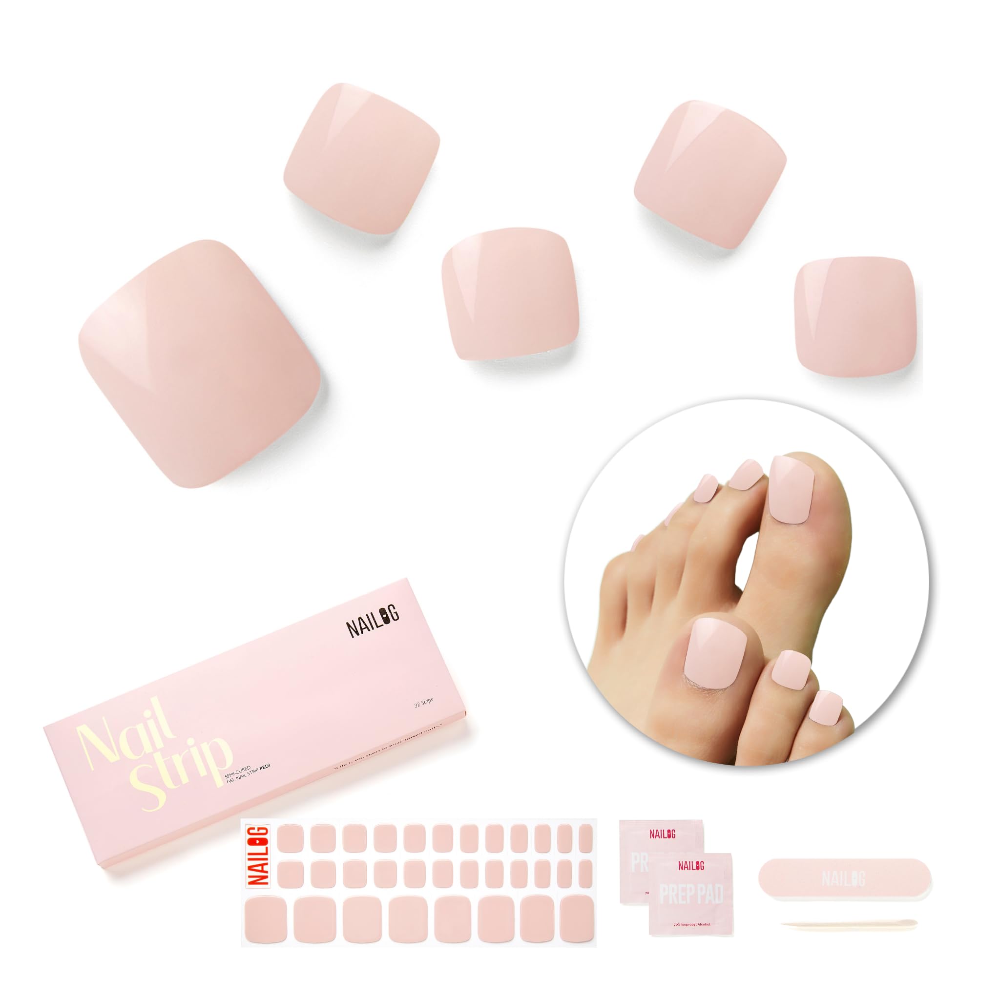 NAILOG Semi Cured Gel Nail Strips, Toe Nail Polish Strips with Glossy Gel Finishing | 32 Pieces Long Lasting Pedi Nail Wrap | Beige Pink | Dusty Rose