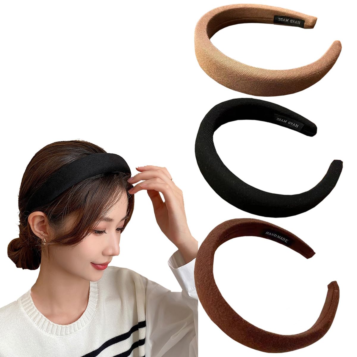 scicent Black Padded Headband 3 Pcs Women's Hairbands Boho Hair Band (Black, Dark Coffee, Khaki) 12607