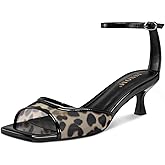 ISNOM Womens Mesh Kitten Heels Sandals Square Toe Ankle Buckle Strap Low Heels Comfort Summer Dress Shoes
