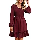 CUPSHE Fall Dresses for Women Casual Long Sleeve Ruffle V Neck Smocked A Line Flowy Mini Dress