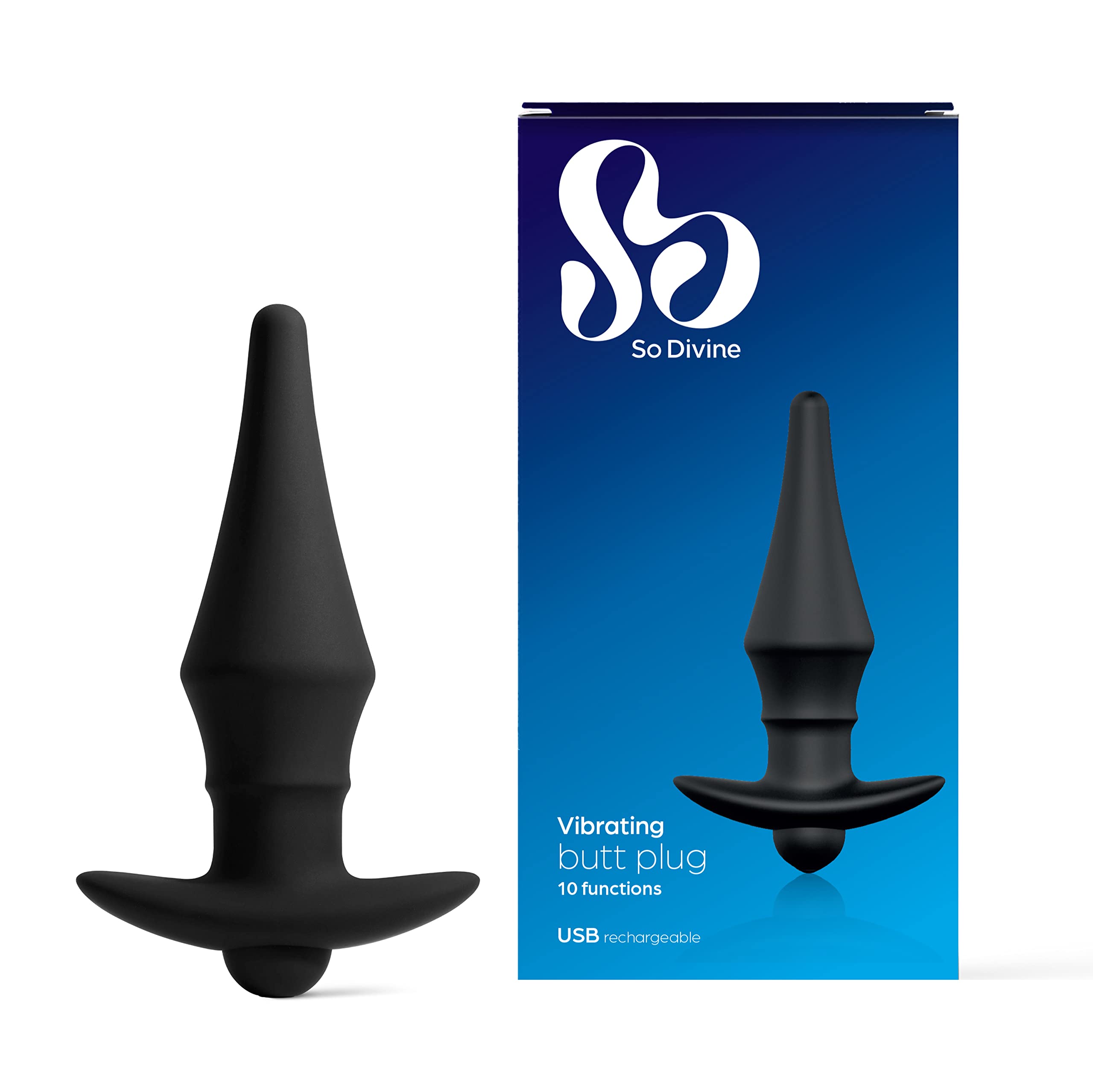 So Divine Men Rechargeable Vibrating 10 Function Butt Plug, Black, 1 Count