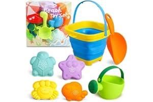 3 otters 15PCS Foldable Beach Bucket, Sand Toys Set Foldable Pail Colorful Beach Bucket with Sand Molds Collapsible Silicone Buckets