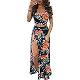 Aro Lora Women's Sexy V Neck Floral Printed Side Slit Two-Piece Maxi Dress