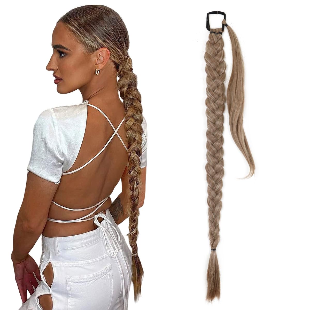 prinfantasy Ponytail Extension Braiding 85cm Long DIY Braid Hair Seamless Scrunchies Resistant Fiber Soft Ponytail Natural Soft Synthetic Hairpieces for Women Light Sandy Blonde, MW273