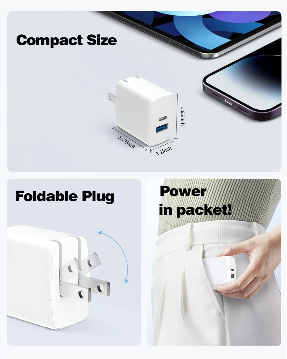 20W Dual Port Fast Charger for iPad 9th 8th 7th 6th 5th Generation 10.2 inch, iPad Air 3/2, iPad mini 5/4/3, Foldable Wall Charger with 6.6ft USB-C to Lightning Fast Charging Cable