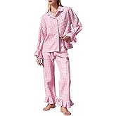 Flygo Womens Gingham Pajamas Sets Cotton Plaid Pjs Ruffled Sleeve Button Down Shirt Pants Y2k 2 Piece Lounge Set