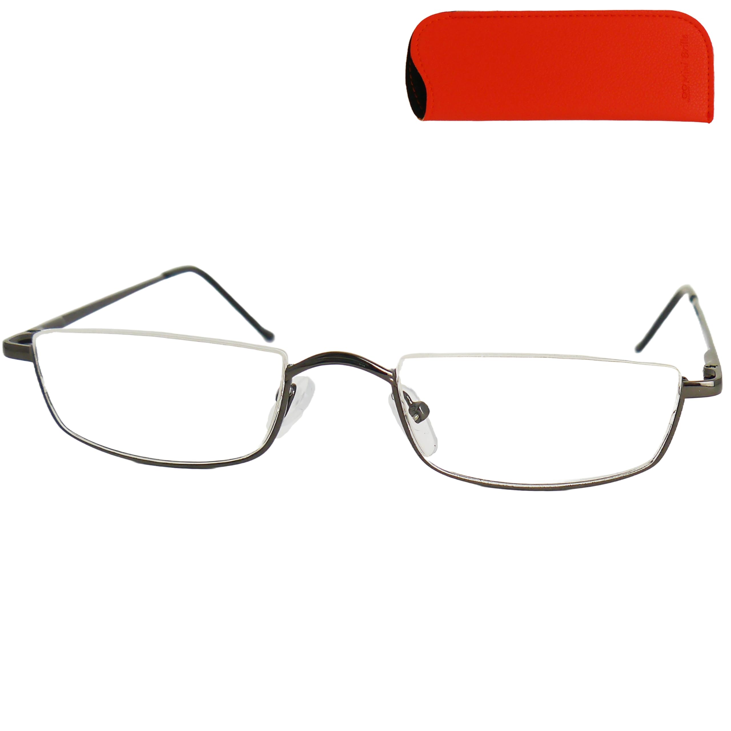 Mini Brille - Metal Half Moon Reading Glasses, Including Case, Square Half Eye Stainless Steel Frame (Graphite) with Spring Hinge, Men and Women Readers +2.50 Magnification
