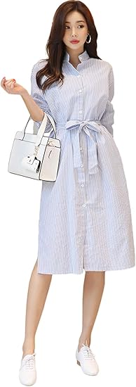 Amazon Co Jp イノ Yino ワンピース レディース ミモレ丈 シャツワンピ ストライプ 秋 長袖 ドレープ スリット ポケット付き ウエストマーク リボン 立ち襟 前開き ２ｗａｙ着方 服 ファッション小物