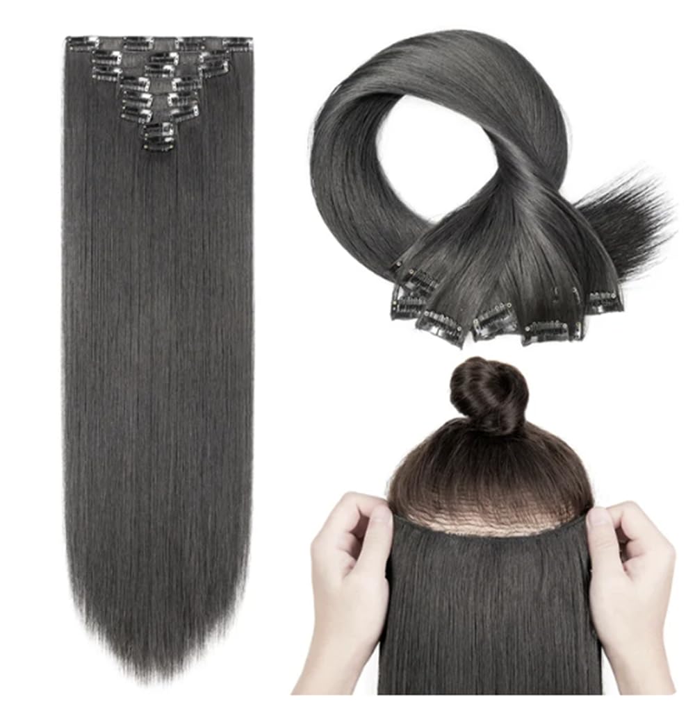 Clip In Human Hair Synthetic Full Head Hair Extension Highlights Streaks (Natural Black Straight, Full Pack) — image 1