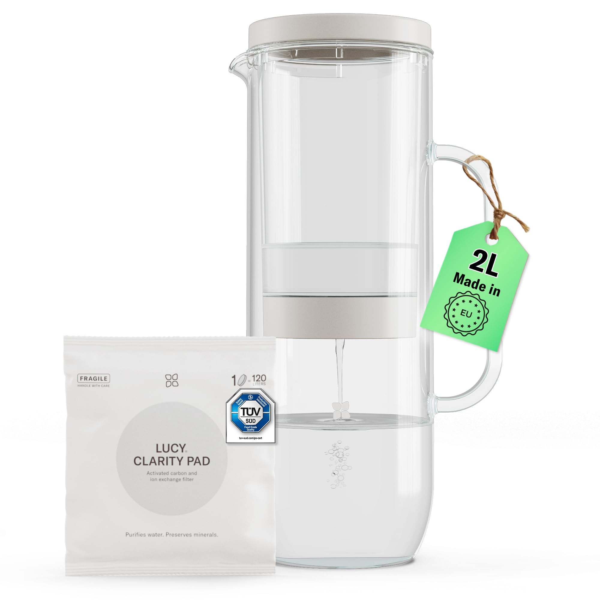 LUCY® water filter jug 2L with clarity pad filter cartridge | fridge door water filter jug - dishwasher safe and borosilicate glass | removes pollutants+ keeps healthy minerals magnesium and calcium