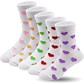 ZUOIUP Girls Kids Socks Cotton Sock White Pink Crew Socks with Hearts, 5 Pairs Soft Breathable Child Sock for Valentine's Day