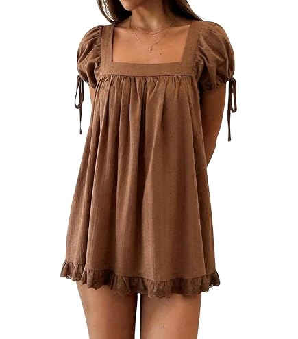 Women Puff Sleeve Babydoll Mini Dress Y2K Lace Trim Ruffle Flowy Dress Blue