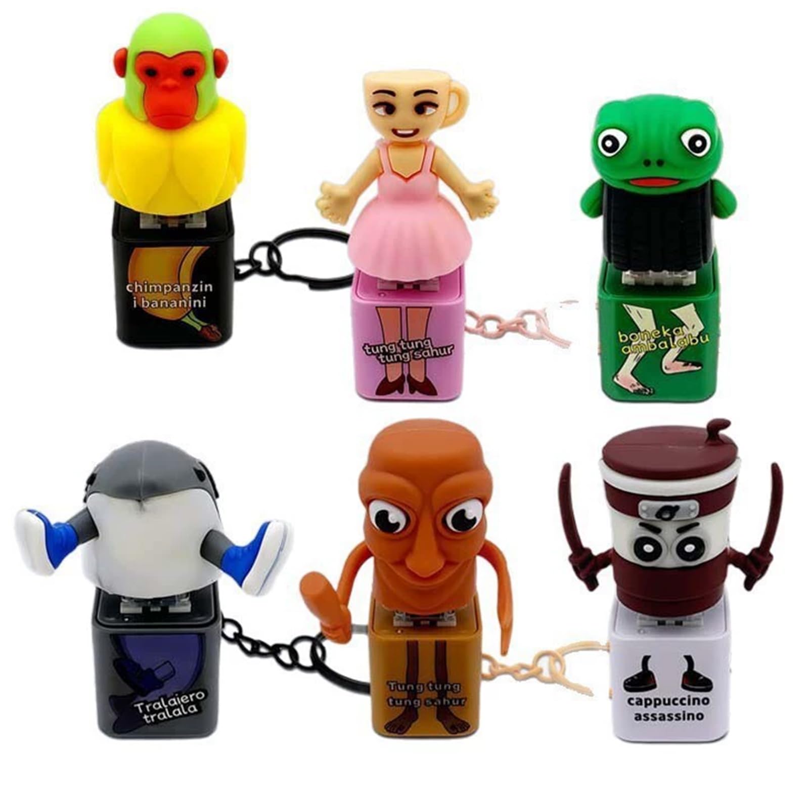 6Pcs Italian Brainrot Clicker Fidget Keychains, LED Lights & Sound Fidget Toys, Funny Tung Tung Brain Rot Toys for Adults and Kids, Button Fidgets Clicker Keyring for Stress Relief