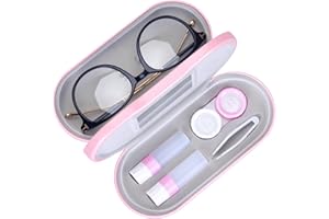 Muf 2 in 1 Double Sided Portable Contact Lens Case and Eyeglasses Case,Dual Use Design with Built-in Mirror,Tweezer and Contact Lens Solution Bottle Included for Travel Kit,Pink