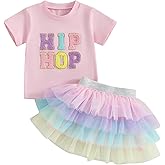 KtwHarnu Kids Toddler Baby Girl Easter Outfits Letter Short Sleeve T-Shirt Tops Layered Tulle Tutu Skirt Set Summer Outfit