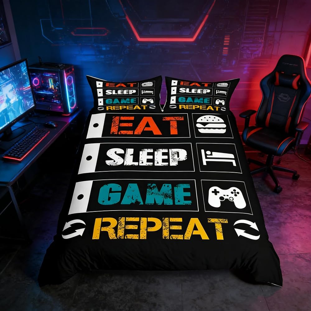 Loussiesd Gamer Bedding Set for Boys Teens Gaming Comforter Cover Girls Kids Video Game Controller Duvet Cover Funny Creative Eat Sleep Game Repeat Double Size