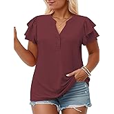VISLILY Plus-Size-Summer-Tops for Women Cute Ruffle Short Sleeve T Shirts Notched V-Neck Tunics Button Down Blouses XL-5XL