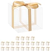 HAPPY POTATO 25 Pack PET clear Favor Boxes with Ribbon, 3"x3"x3" Gift Boxes for Chocolate Candies Cookies Muffins Party Favors Packaging, Clear Gift Boxes for Favors