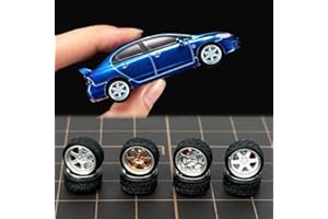 WAVEIST 1/64 Wheels for Upgraded Mainline Cast Model Car,Diameter is 0.39In, Six spokes, 4 Sets/Pack, ABS wheels with Rubber Tires Rivet Shaft Metal Rims with Brake Pads (PS-E)