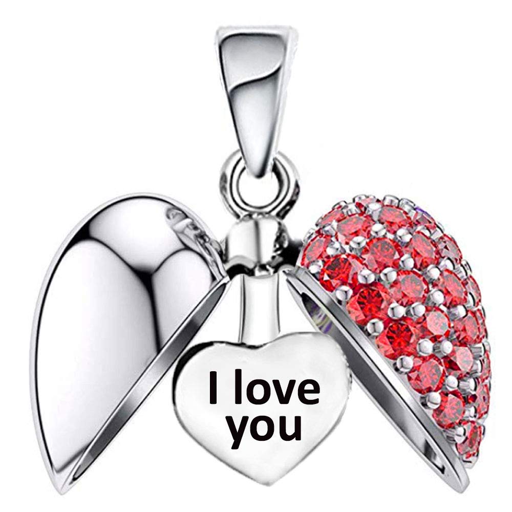 I Love You Heart Pendant Charm for Pandora Moments Bracelet & Necklace 925 Sterling Silver Sparkling Red Crystals Women Her Girls - Gift Box