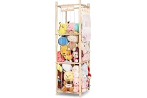 TOPHDY Stuffed Animal Storage Organizer, Large Wooden Zoo Toy Holder with Pockets, Plushie, Stuffy,Toy Storage for Kids Room, Playroom, Bedroom(Natural Large)