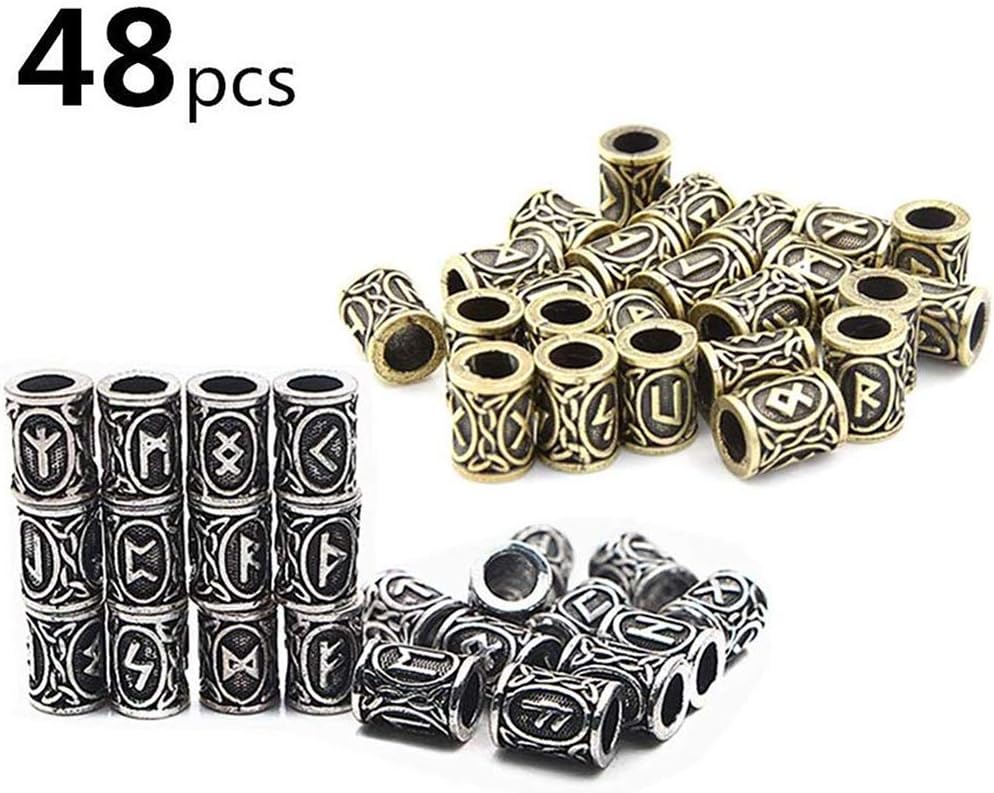 WTZWY 48 Pcs Norse Rune Beads,Viking Ladies Retro Fashion Hair Braiding Accessories, Men Beard Beads Pendant, DIY Bracelet Jewelry