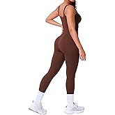 BRXL Built In Bra One Piece Jumpsuits for Women Square Neck Ribbed Sleeveless Seamless Rompers Bodysuits Casual Workout Gym