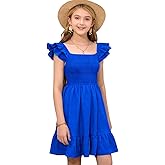 LuckyShe Girls Floral Summer Dress A-Line Square Neck Cap Sleeve Midi Dress with Pockets Size 8-14