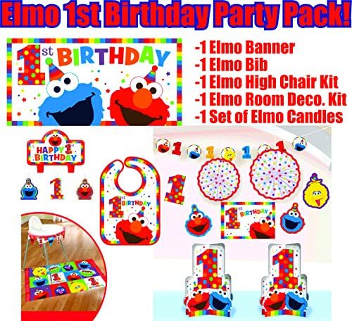 Elmo Turns One Birthday Party Supplies Decoration Bundle. Including Elmo Themed Birthday Bib, High Chair Kit, Birthday Banner, Candle Set, and Room Decoration Kit (Bonus Matching Paper Straw Pack)
